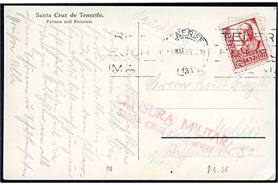30 cts. Isabel single på brevkort fra Tenerife d. 8.3.1938 til Tyskland. Lokal spansk censur fra Santa Cruz.