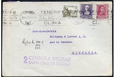 5 cts. Rytter, 25 cts. og 40 cts. på brev fra Tenerife d. 30.4.1939 til Aue, Tyskland. Lokal spansk censur fra Santa Cruz.