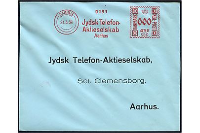 Jydsk Telefon Aktieselskab Aarhus firmafranko med valør 000 øre fra Aarhus d. 21.3.1936 på uadresseret kuvert.