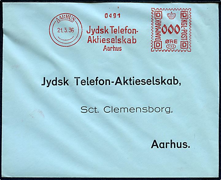 Jydsk Telefon Aktieselskab Aarhus firmafranko med valør 000 øre fra Aarhus d. 21.3.1936 på uadresseret kuvert.