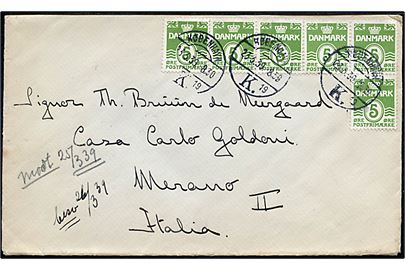 5 øre Bølgelinie (6) på brev fra København d. 23.3.1939 til Merano, Italien.