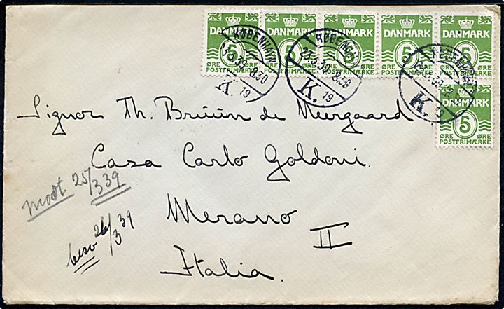 5 øre Bølgelinie (6) på brev fra København d. 23.3.1939 til Merano, Italien.