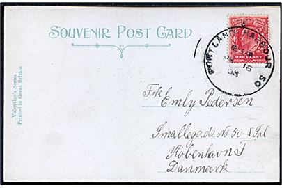 1d Edward VII på brevkort annulleret med stort skeleton stempel Portland Harbour SO d. 15.3.1908 til København, Danmark. 
