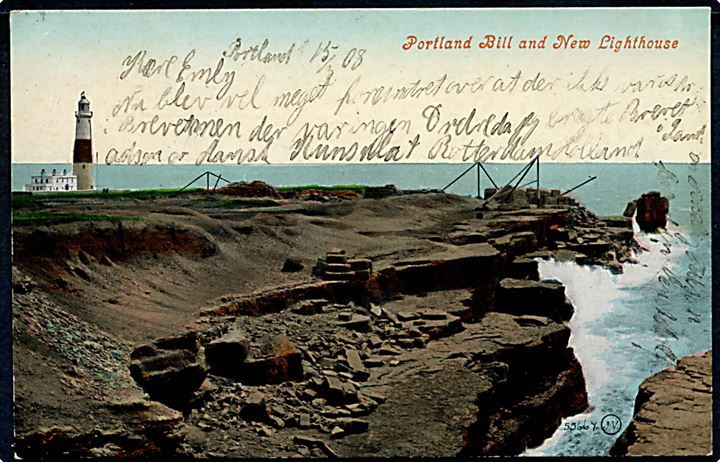 1d Edward VII på brevkort annulleret med stort skeleton stempel Portland Harbour SO d. 15.3.1908 til København, Danmark. 