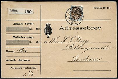 16 øre Tofarvet single på adressebrev for pakke fra Kolding d. 7.8.1899 til Aarhus. 