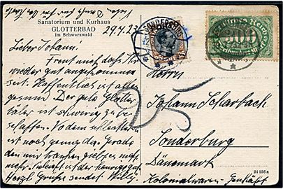 300 mk. Infla udg. på underfrankeret brevkort fra Denzlingen d. 29.7.1923 til Sønderborg, Danmark. Udtakseret i porto med 25 øre Chr. X Porto-provisorium stemplet Sønderborg sn1 d. 2.9.1923.