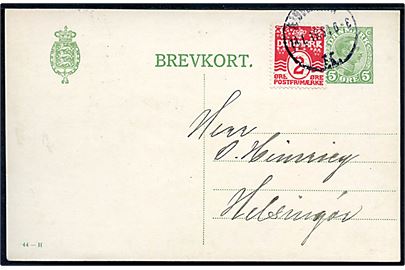 5 øre Chr. X helsagsbrevkort (fabr. 44-H) opfrankeret med 2 øre Bølgelinie med perfin B.W.E. fra Kjøbenhavn d. 14.1.1919 til Helsingør. På bagsiden meddelelse fra firma Baadh & Winthers Efterfølger. 
