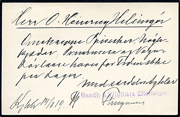 5 øre Chr. X helsagsbrevkort (fabr. 44-H) opfrankeret med 2 øre Bølgelinie med perfin B.W.E. fra Kjøbenhavn d. 14.1.1919 til Helsingør. På bagsiden meddelelse fra firma Baadh & Winthers Efterfølger. 