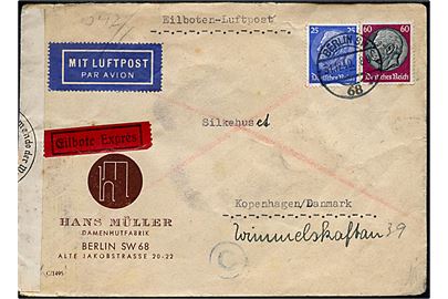 25 pfg. og 60 pfg. Hindenburg på luftpost ekspresbrev fra Berlin d. 31.12.1940 til København, Danmark. Åbnet af tysk censur i Berlin.