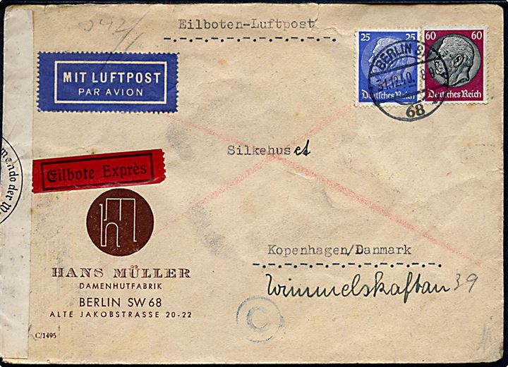 25 pfg. og 60 pfg. Hindenburg på luftpost ekspresbrev fra Berlin d. 31.12.1940 til København, Danmark. Åbnet af tysk censur i Berlin.
