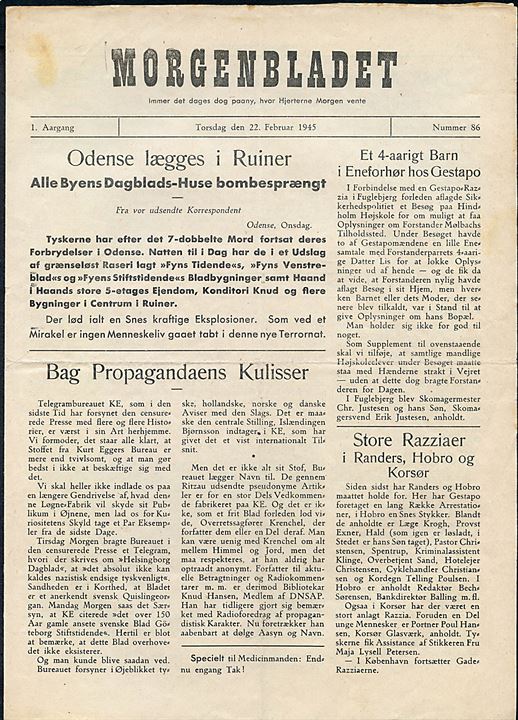 Morgenbladet, 1. Aargang no.  86 d. 22.2.1945. Illegalt blad på 4 sider i ca. A4 format.