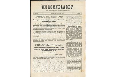 Morgenbladet, 1. Aargang no. 87 d. 23.2.1945. Illegalt blad på 4 sider i ca. A4 format.