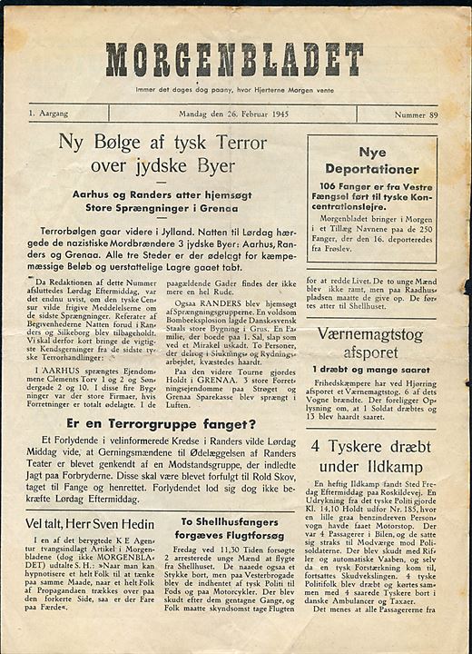 Morgenbladet, 1. Aargang no. 89 d. 26.2.1945. Illegalt blad på 4 sider i ca. A4 format.