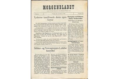 Morgenbladet, 1. Aargang no. 90 d. 27.2.1945. Illegalt blad på 4 sider i ca. A4 format.