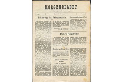 Morgenbladet, 1. Aargang no. 91 d. 28.2.1945. Illegalt blad på 4 sider i ca. A4 format.