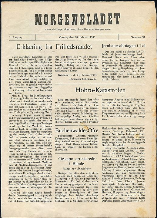 Morgenbladet, 1. Aargang no. 91 d. 28.2.1945. Illegalt blad på 4 sider i ca. A4 format.