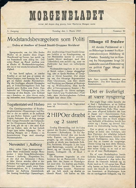 Morgenbladet, 1. Aargang no. 92 d. 1.3.1945. Illegalt blad på 4 sider i ca. A4 format.