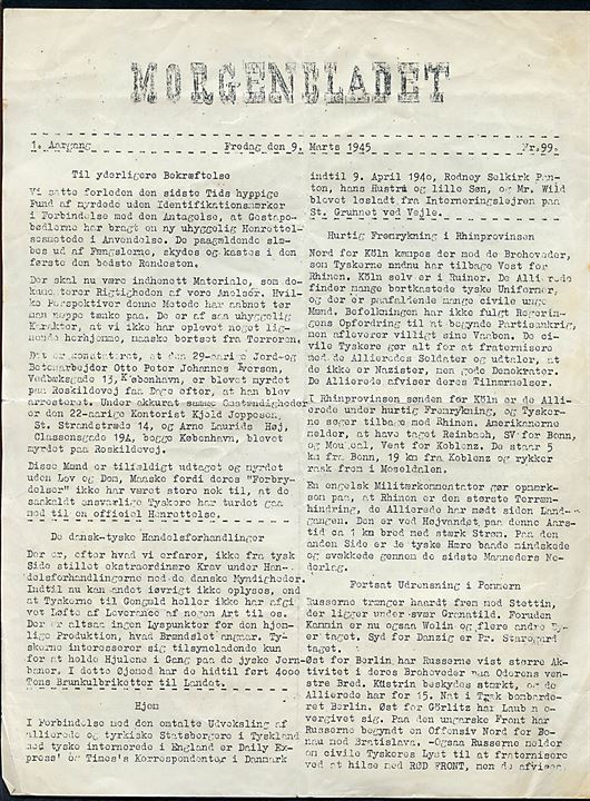 Morgenbladet, 1. Aargang no. 99 d. 9.3.1945. Illegalt blad på 2 sider i ca. A4 format.