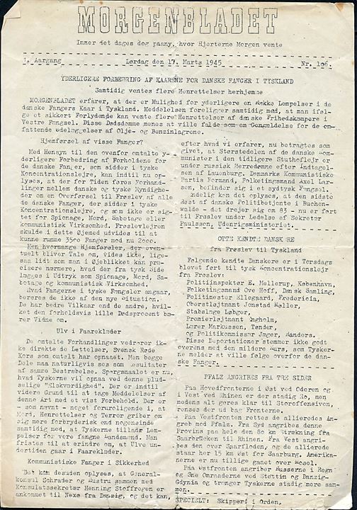 Morgenbladet, 1. Aargang no. 106 d. 17.3.1945. Illegalt blad på 2 sider i ca. A4 format.