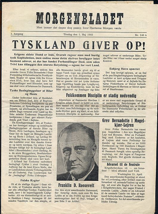Morgenbladet, 1. Aargang no. 140A d. 1.5.1945. Illegalt blad på 4 sider i ca. A4 format.