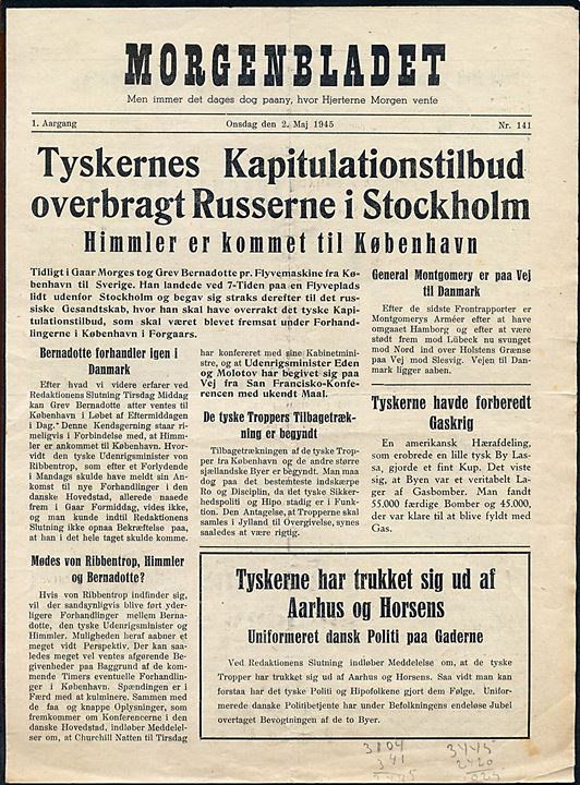 Morgenbladet, 1. Aargang no. 141 d. 2.5.1945. Illegalt blad på 4 sider i ca. A4 format.