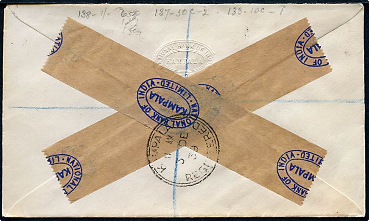 10 c., 50 c. og 1 sh. George VI på anbefalet luftpostbrev fra Kampala Uganda d. 3.12.1939 til England.