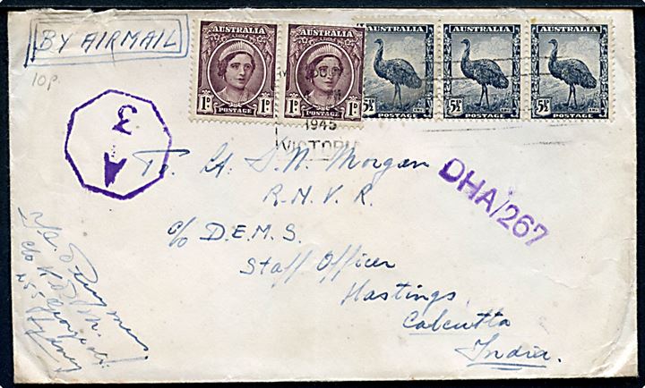 1d Elizabeth (2) og 5½d Emu (3) på luftpostbrev fra Sydney 1945 til britisk flådeofficer ved c/o D.M.E.S. (= Defensively Equipped Merchant Ships), Staffs Officer, Hastings, Calcutta, India. Indisk censur A3 og DHA/267.