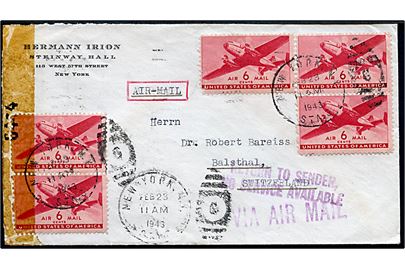6 cents Transport (5) på luftpostbrev fra New York d. 23.2.1943 til Balsthal, Schweiz. Åbnet af amerikansk censur no. 6474 og returneret med stempel Return to sender, no service available.