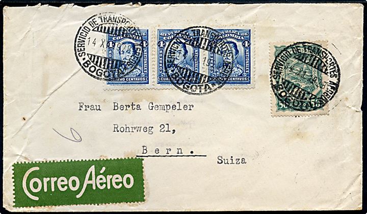 Colombia 4 c. (3) og 50 c. SCADTA udg. på luftpostbrev fra Bogota d. 14.10.1928 til Bern, Schweiz.