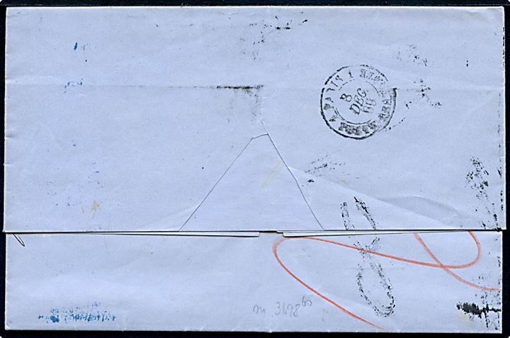 1869. Ufrankeret portobrev med indhold stemplet Stockholm d. 3.12.1869 til Paris, Frankrig. Fransk grænse stempel Suede-Erquelines 2 d. 8.12.1869 og portostempel 8.