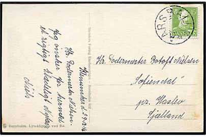 15 øre Chr. X på brevkort dateret i Klemensker d. 29.12.1946 og annulleret med udslebet stjernestempel AARSBALLE til Haslev.
