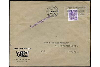 15 øre Chr. X med perfin Fog. på firmakuvert fra Fog & Mørup sendt som Forretningspapirer fra København d. 15.8.1924 til Tistrup.