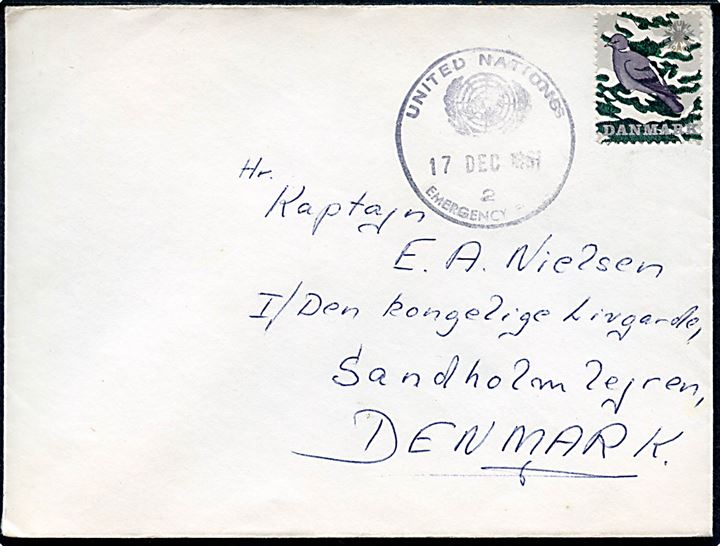 Ufrankeret brev med Julemærke 1961 stemplet United Nations Emergency Force 2 d. 17.12.1961 til den kgl. Livgarde i Sandholmlejren, Danmark. Sendt fra soldat ved Coy 2, Beit Hanun, DANOR BN, UNEF.