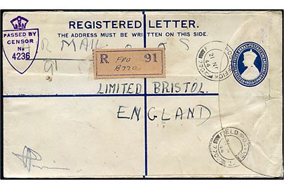 George VI anbefalet helsagskuvert opfrankeret med 1 a., 3 as. og 4 as. George VI sendt som luftpost fra britisk Field Post Office 770 (Goppe, Arakan, Burma) d. 21.11.1944 til Bristol, England. Britisk unit censur no. 4236. Sendt fra medlem af 82 West African Division i Burma.