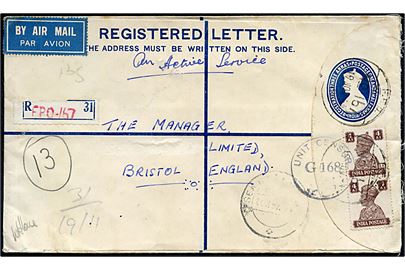 George VI anbefalet helsagskuvert opfrankeret med 4 as. George VI i parstykke sendt som luftpost fra indisk feldpostkontor F.P.O. 167 (= Ramu, India) d. 19.11.1944 til Bristol, England. Unit censur G168.