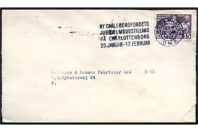 15 øre Frimærkejubilæum på lokalbrev annulleret med TMS Ny Carlsbergfondets Jubilæumsudstilling på Charlottenborg 20. Januar - 17. Februar/København OMK. 5 d. 18.1.1952.