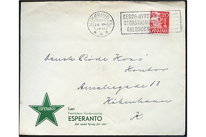 20 øre Karavel på fortrykt Esperanto kuvert annulleret med TMS Nykøbing Fl. *** / Besøg Nykøbing Fl. Storstrømsbroen Guldborgsund d. 20.5.1941 til Dansk Røde Kors i København.