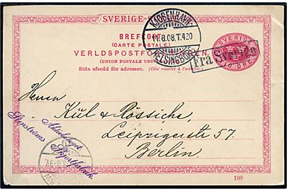 10 öre Tre Kroner helsagsbrevkort fra Helsingborg annulleret med skibsstempel Fra Sverige og sidestemplet bureau Kjøbenhavn - Helsingborg T.420 d. 11.8.1908 til Berlin, Tyskland.