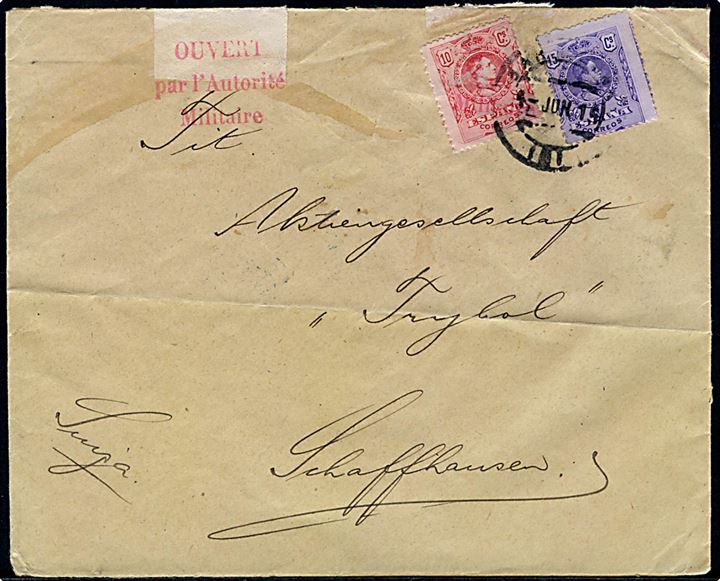 10 cts. og 15 cts. Alfonso XIII på brev fra Barcelona d. 4.6.1915 til Schaffhausen, Schweiz. Åbnet af fransk censur.