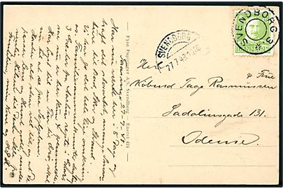 15 øre Chr. X på brevkort (Troense med dampskib) annulleret med udslebet stjernestempel SVENDBORG 3. (= Vindeby på Tåsinge) og sidestemplet Svendborg d. 27.7.1948 til Odense.