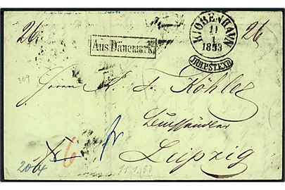1853. Francobrev med yderligt placeret Pølse-stempel 34/Kiøbenhavn/JRB.PST.EXP. d. 11.1.1853 via K.D.O.P.A. Hamburg til Leipzig, Tyskland. Rammestempel Aus Dänemark.