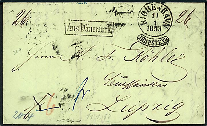1853. Francobrev med yderligt placeret Pølse-stempel 34/Kiøbenhavn/JRB.PST.EXP. d. 11.1.1853 via K.D.O.P.A. Hamburg til Leipzig, Tyskland. Rammestempel Aus Dänemark.