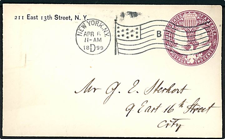 2 cents Colombus Landing helsagskuvert sendt lokalt i New York d. 6.4.1899.