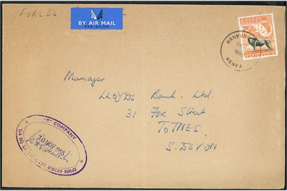 20 c. Elizabeth single på Forces Air Mail luftpostbrev stemplet Nanyuki S O Kenya d. 30.11.1955 og sidestemplet med ovalt afd.stempel B Company * 3rd (K) Bn. The Kings African Rifles * d. 30.11.1955 til Totnes, England. Folder.