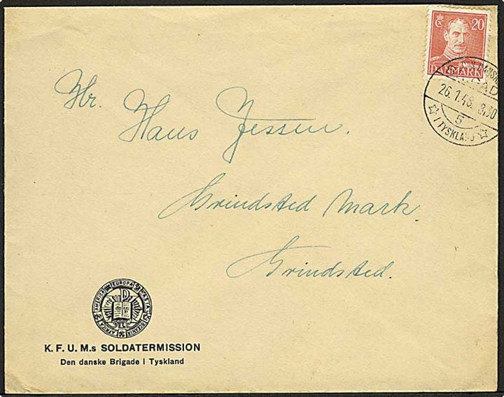 20 øre Chr. X på brev stemplet Den danske Brigade 5 i Tyskland (= Wilhelmshaven) d. 26.1.1948 til Grindsted.