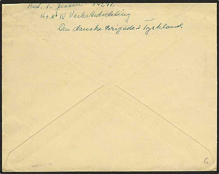 20 øre Chr. X på brev stemplet Den danske Brigade 5 i Tyskland (= Wilhelmshaven) d. 26.1.1948 til Grindsted.
