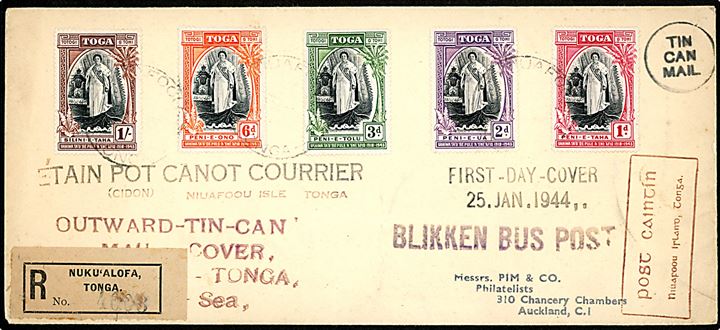 1d til 1 sh. på anbefalet Tin Can Mail brev fra Niuafo'ou Tonga 1944 til Auckland, New Zealand. Flere souvenir stempler på for- og bagside..