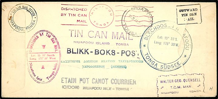 1d til 1 sh. på anbefalet Tin Can Mail brev fra Niuafo'ou Tonga 1944 til Auckland, New Zealand. Flere souvenir stempler på for- og bagside..