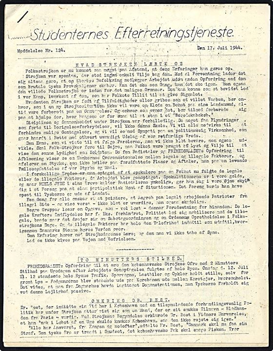 Studenternes Efterretningstjeneste. Meddelelse Nr. 124 d. 17.7.1944. 6 sider.