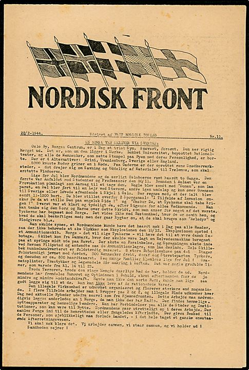  Nordisk Front udgivet af Frit Nordisk Forlag. Nr. 11 d. 22.2.1944. 4 sider.